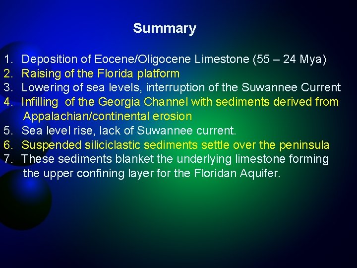 Summary 1. 2. 3. 4. Deposition of Eocene/Oligocene Limestone (55 – 24 Mya) Raising