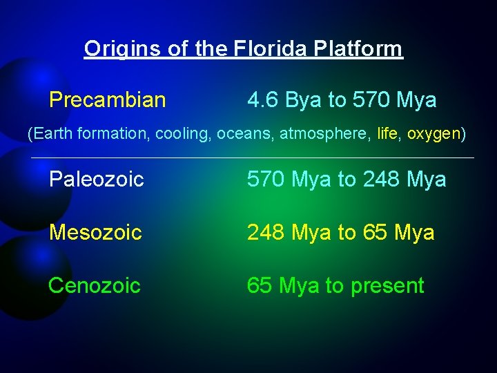 Origins of the Florida Platform Precambian 4. 6 Bya to 570 Mya (Earth formation,