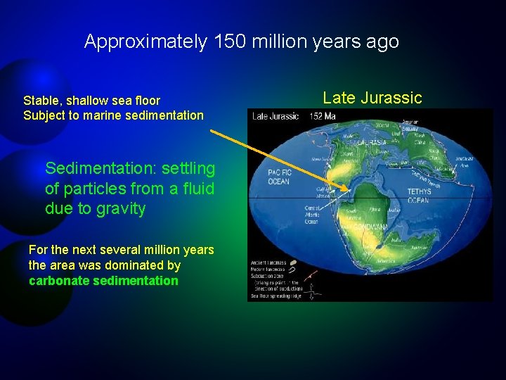 Approximately 150 million years ago Stable, shallow sea floor Subject to marine sedimentation Sedimentation: