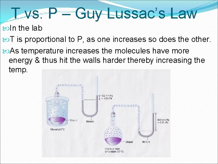 T vs. P – Guy Lussac’s Law In the lab T is proportional to