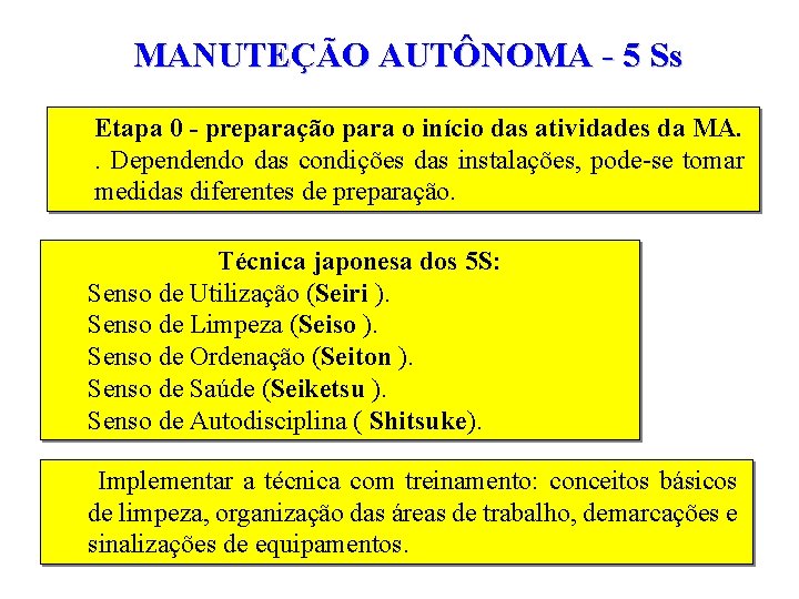MANUTEÇÃO AUTÔNOMA - 5 Ss Etapa 0 - preparação para o início das atividades