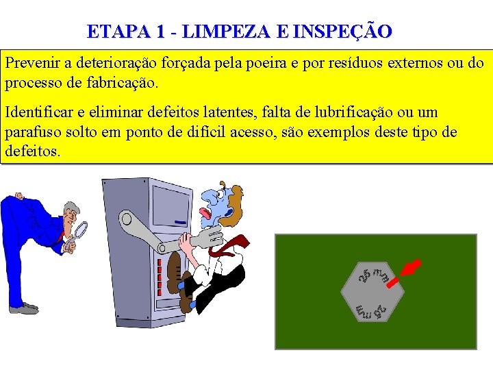 ETAPA 1 - LIMPEZA E INSPEÇÃO Prevenir a deterioração forçada pela poeira e por