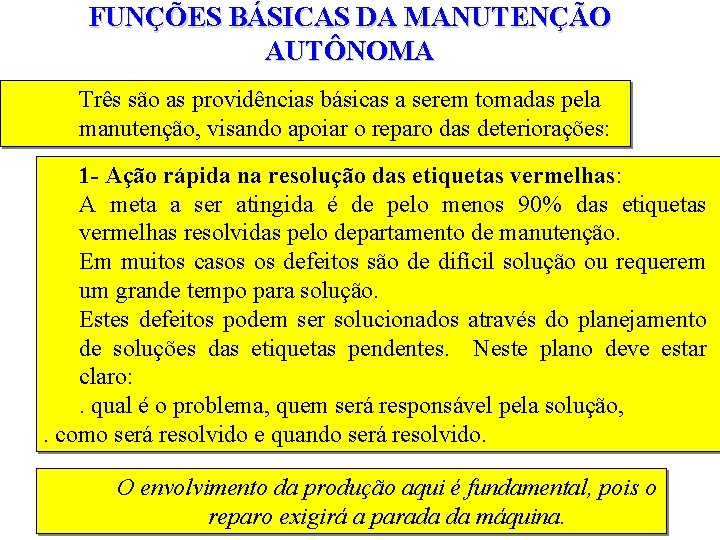 FUNÇÕES BÁSICAS DA MANUTENÇÃO AUTÔNOMA Três são as providências básicas a serem tomadas pela