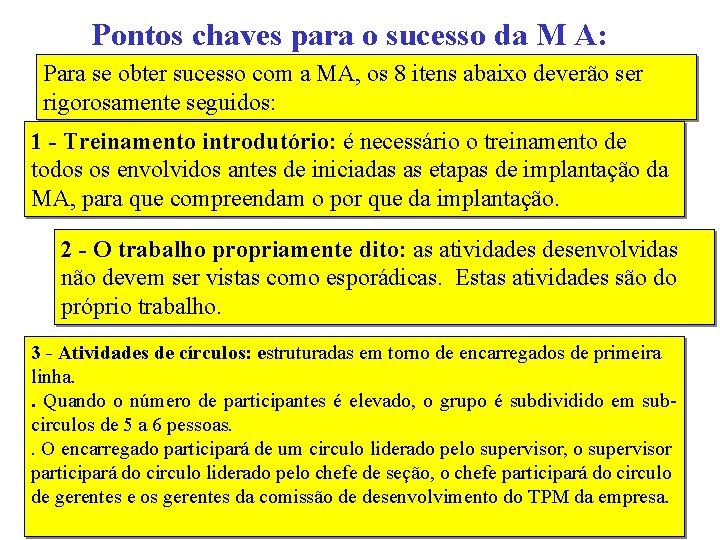 Pontos chaves para o sucesso da M A: Para se obter sucesso com a