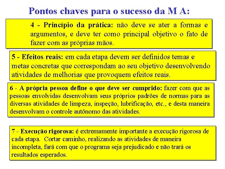 Pontos chaves para o sucesso da M A: 4 - Princípio da prática: não