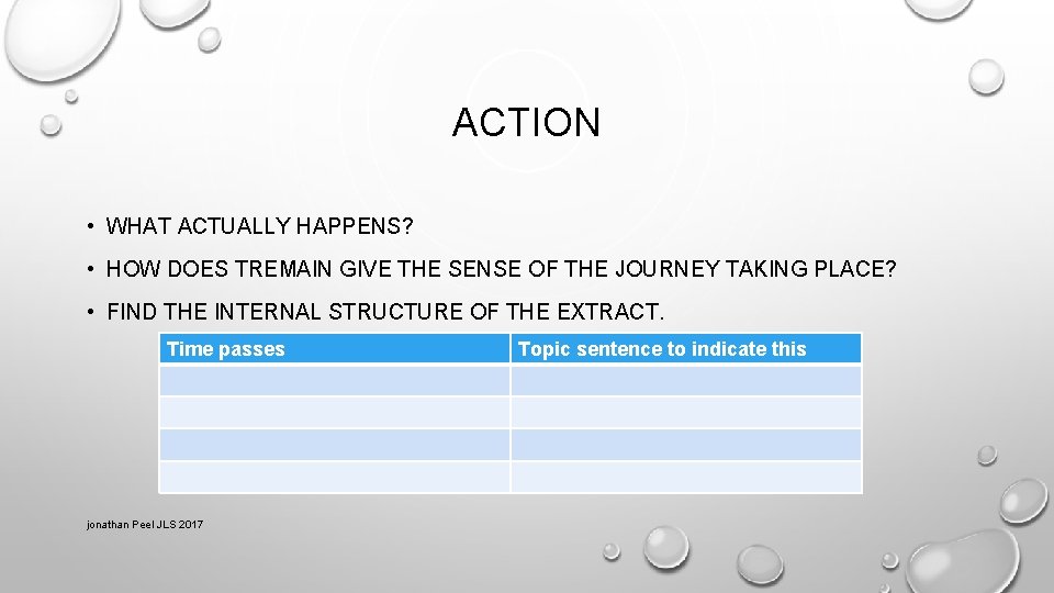 ACTION • WHAT ACTUALLY HAPPENS? • HOW DOES TREMAIN GIVE THE SENSE OF THE