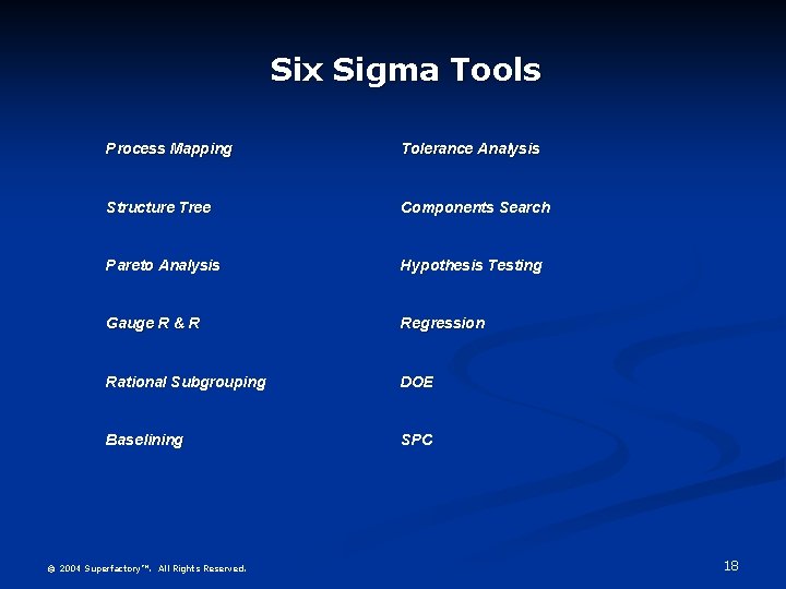 Six Sigma Tools Process Mapping Tolerance Analysis Structure Tree Components Search Pareto Analysis Hypothesis