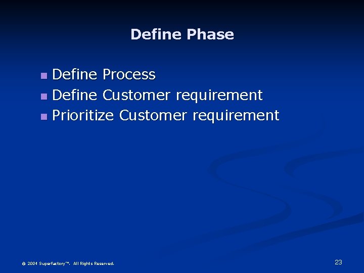 Define Phase Define Process Define Customer requirement Prioritize Customer requirement © 2004 Superfactory™. All