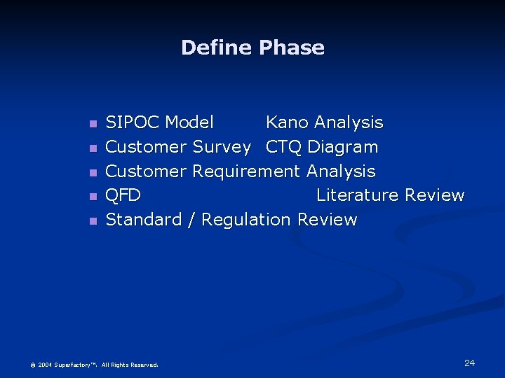 Define Phase SIPOC Model Kano Analysis Customer Survey CTQ Diagram Customer Requirement Analysis QFD