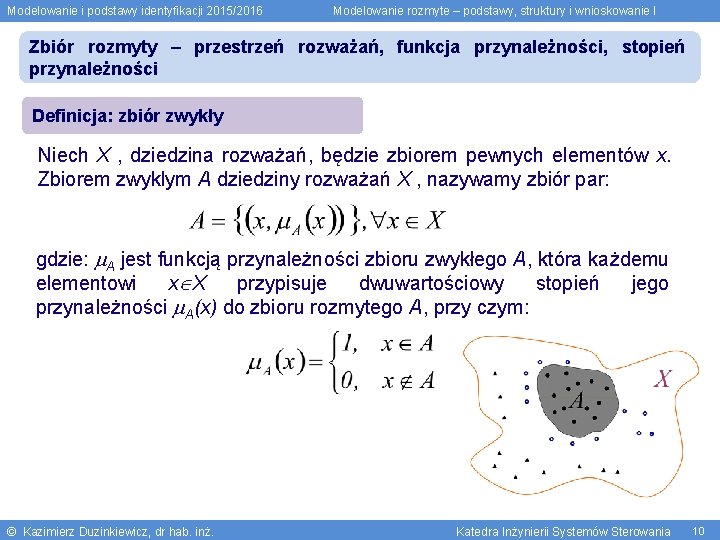 Modelowanie i podstawy identyfikacji 2015/2016 Modelowanie rozmyte – podstawy, struktury i wnioskowanie I Zbiór