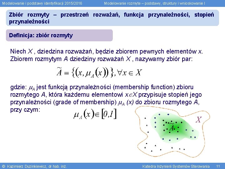 Modelowanie i podstawy identyfikacji 2015/2016 Modelowanie rozmyte – podstawy, struktury i wnioskowanie I Zbiór