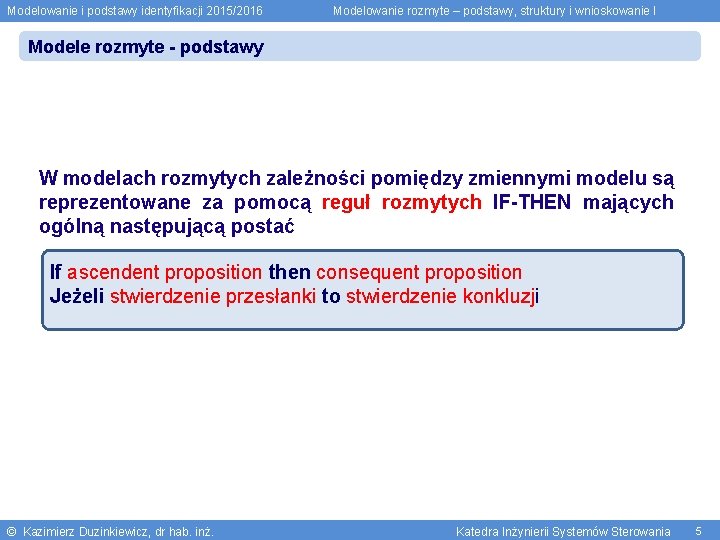 Modelowanie i podstawy identyfikacji 2015/2016 Modelowanie rozmyte – podstawy, struktury i wnioskowanie I Modele