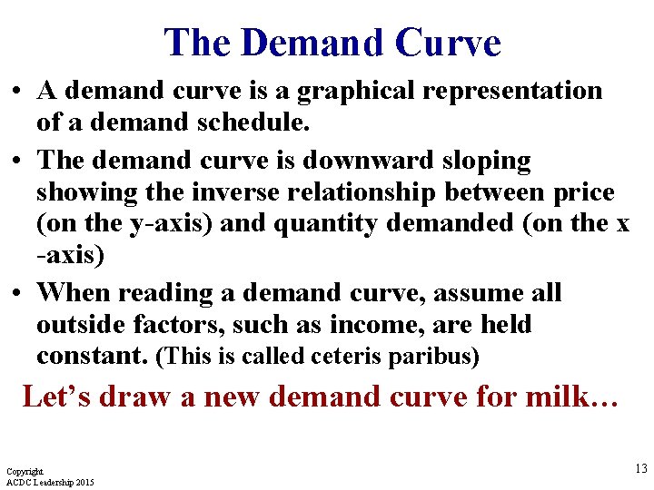 The Demand Curve • A demand curve is a graphical representation of a demand