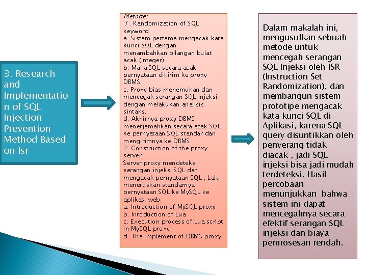 Metode: 1. Randomization of SQL 3. Research and Implementatio n of SQL Injection Prevention