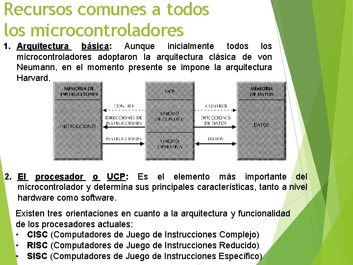 Recursos comunes a todos los microcontroladores 1. Arquitectura básica: Aunque inicialmente todos los microcontroladores