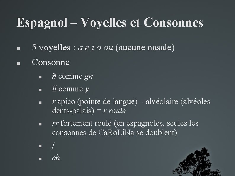 Espagnol – Voyelles et Consonnes 5 voyelles : a e i o ou (aucune