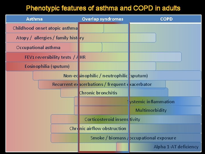 Phenotypic features of asthma and COPD in adults Asthma Overlap syndromes COPD Childhood onset