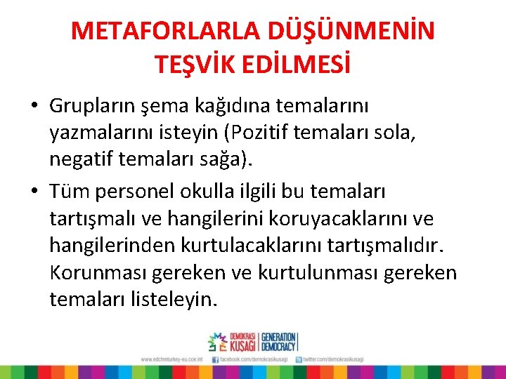 METAFORLARLA DÜŞÜNMENİN TEŞVİK EDİLMESİ • Grupların şema kağıdına temalarını yazmalarını isteyin (Pozitif temaları sola,