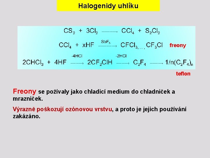 Halogenidy uhlíku freony teflon Freony se požívaly jako chladicí medium do chladniček a mrazniček.