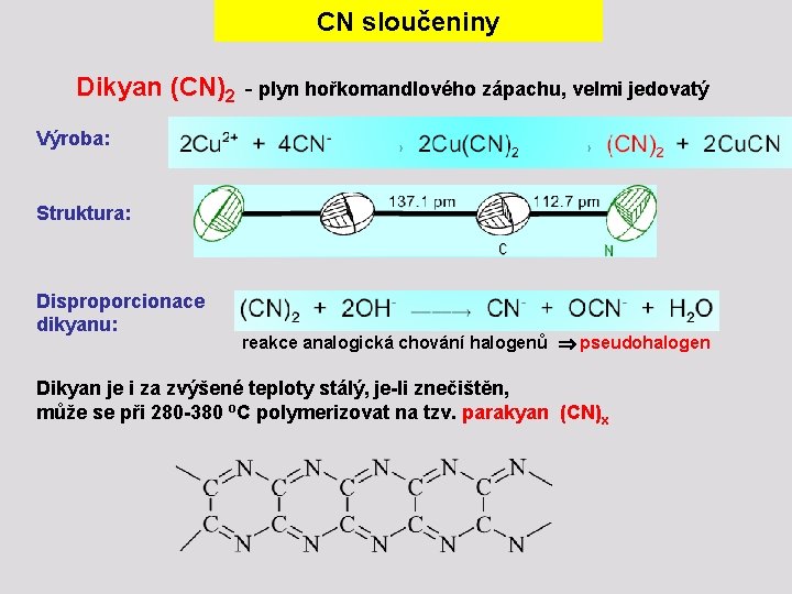 CN sloučeniny Dikyan (CN)2 - plyn hořkomandlového zápachu, velmi jedovatý Výroba: Struktura: Disproporcionace dikyanu: