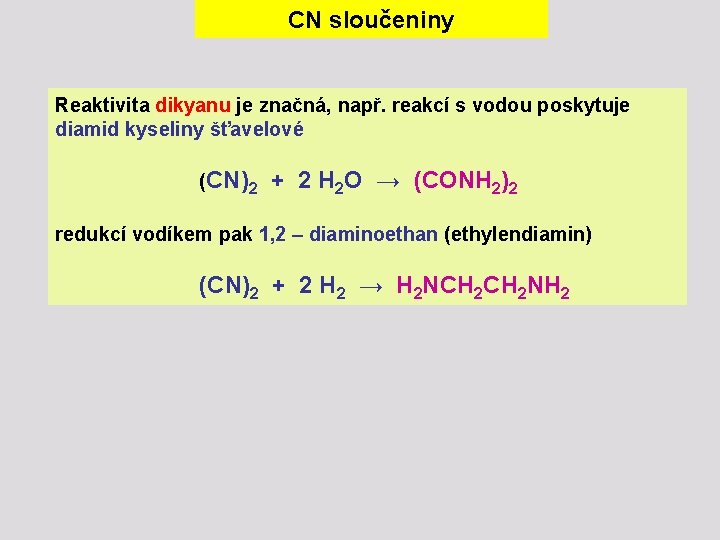 CN sloučeniny Reaktivita dikyanu je značná, např. reakcí s vodou poskytuje diamid kyseliny šťavelové