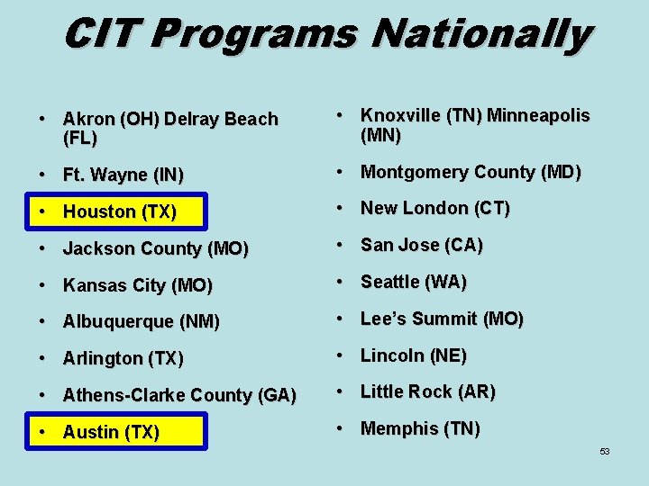 CIT Programs Nationally • Akron (OH) Delray Beach (FL) • Knoxville (TN) Minneapolis (MN)