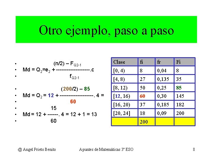 Otro ejemplo, paso a paso Clase fi fr Fi • • (n/2) – FQ Otro ejemplo, paso a paso Clase fi fr Fi • • (n/2) – FQ