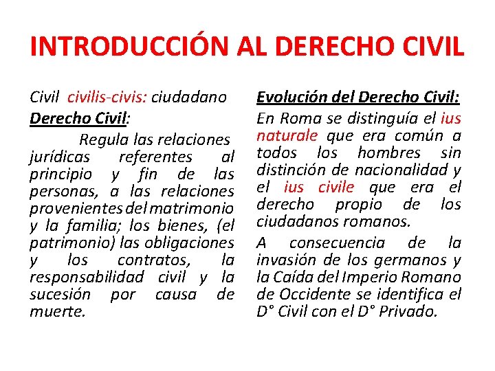 INTRODUCCIÓN AL DERECHO CIVIL Civil civilis-civis: ciudadano Derecho Civil: Regula las relaciones jurídicas referentes