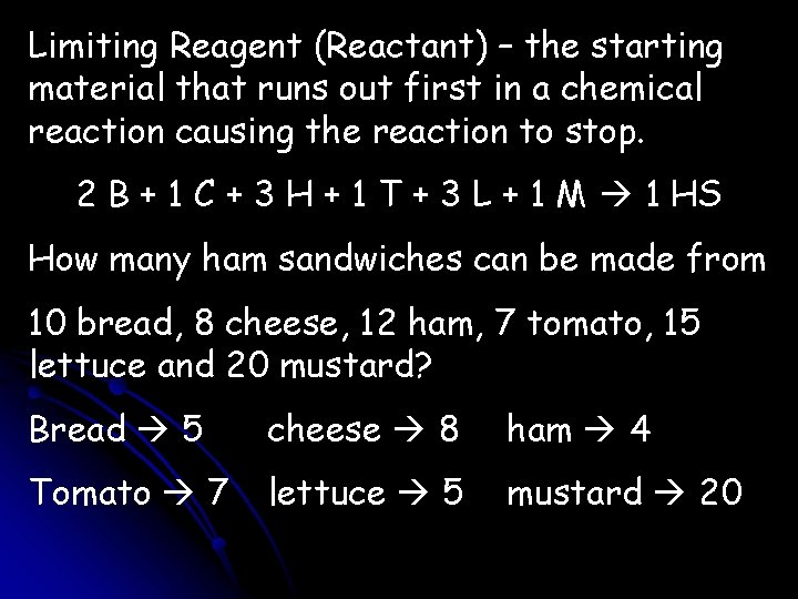 Limiting Reagent (Reactant) – the starting material that runs out first in a chemical