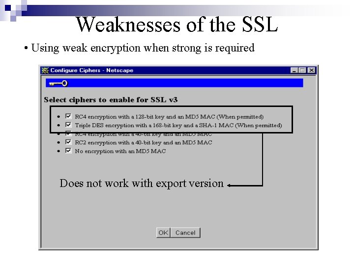 Weaknesses of the SSL • Using weak encryption when strong is required Does not