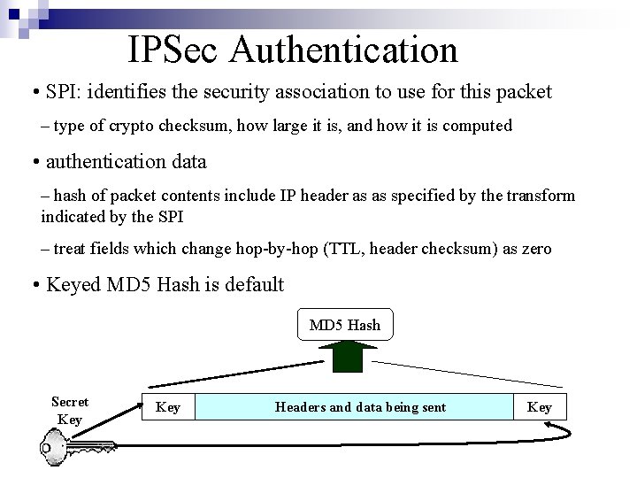 IPSec Authentication • SPI: identifies the security association to use for this packet –