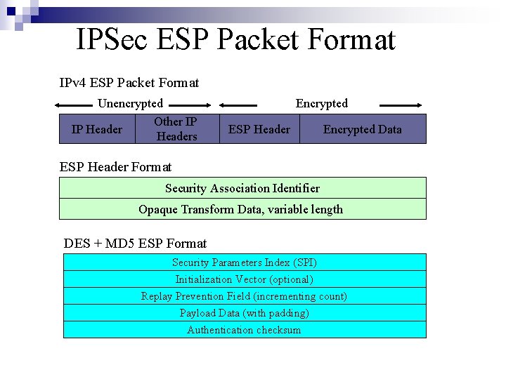 IPSec ESP Packet Format IPv 4 ESP Packet Format Unencrypted Other IP IP Headers