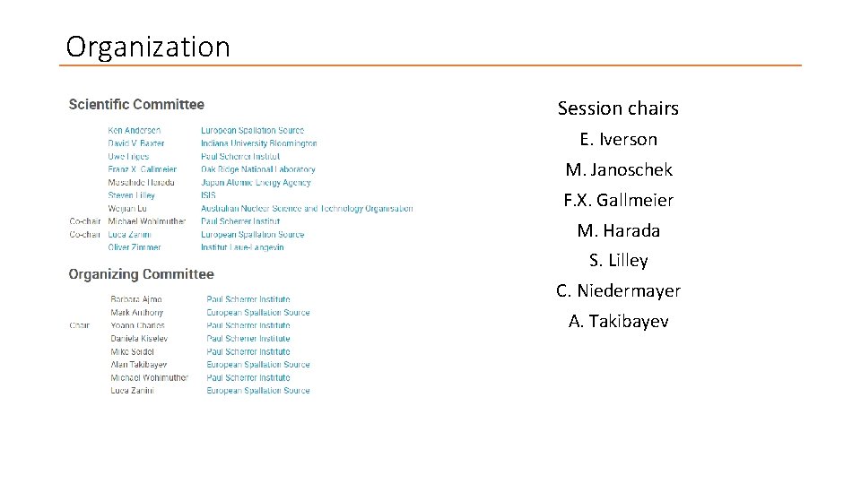 Organization Session chairs E. Iverson M. Janoschek F. X. Gallmeier M. Harada S. Lilley