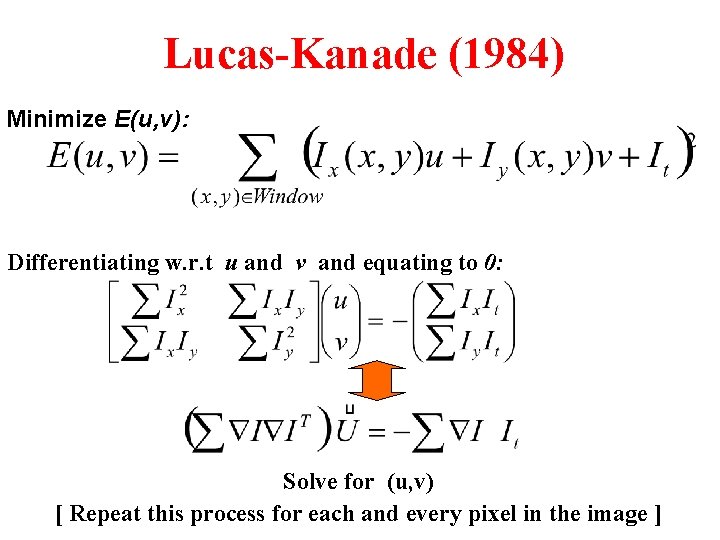 Lucas-Kanade (1984) Minimize E(u, v): Differentiating w. r. t u and v and equating