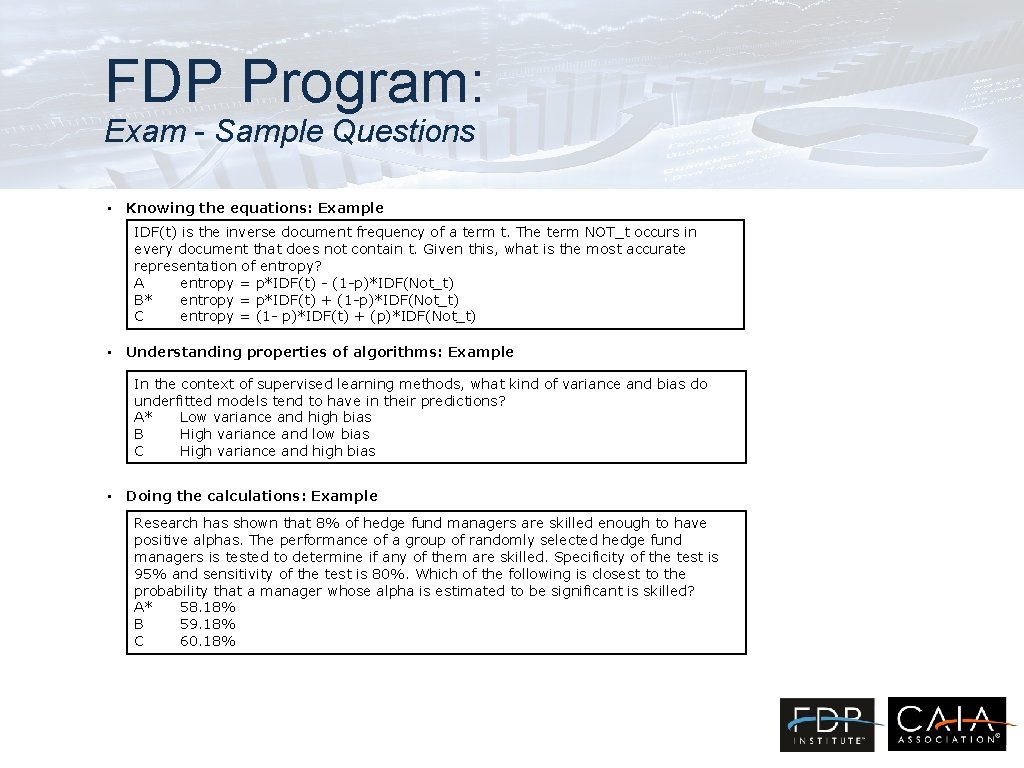 FDP Program: Exam - Sample Questions • Knowing the equations: Example IDF(t) is the FDP Program: Exam - Sample Questions • Knowing the equations: Example IDF(t) is the
