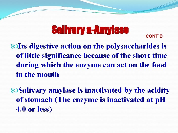 Salivary α-Amylase CONT’D Its digestive action on the polysaccharides is of little significance because
