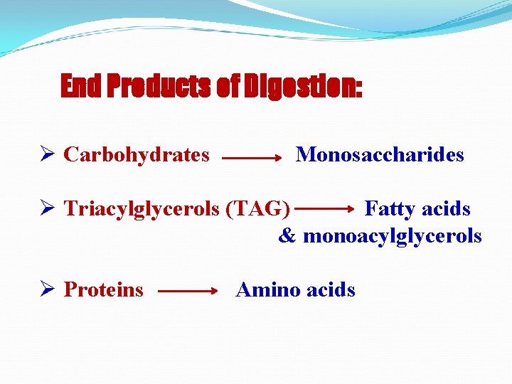 End Products of Digestion: Ø Carbohydrates Monosaccharides Ø Triacylglycerols (TAG) Fatty acids & monoacylglycerols