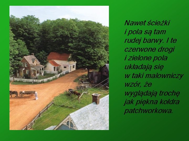 Nawet ścieżki i pola są tam rudej barwy. I te czerwone drogi i zielone