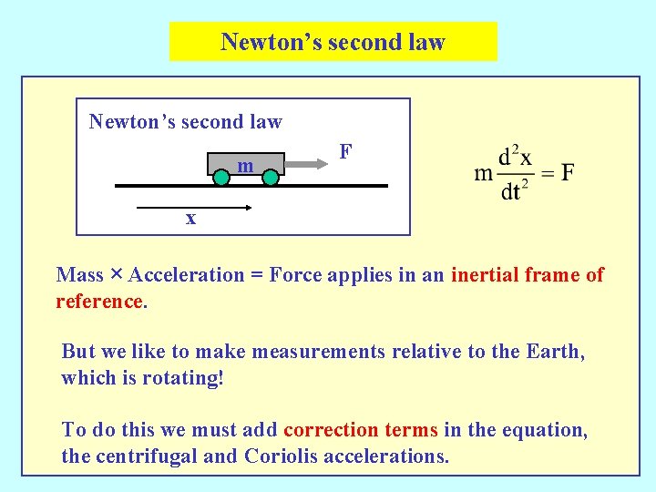 Newton’s second law m F x Mass × Acceleration = Force applies in an Newton’s second law m F x Mass × Acceleration = Force applies in an