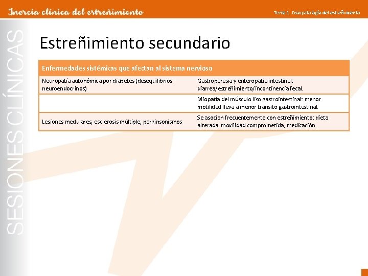 Tema 1. Fisiopatología del estreñimiento Estreñimiento secundario Enfermedades sistémicas que afectan al sistema nervioso Tema 1. Fisiopatología del estreñimiento Estreñimiento secundario Enfermedades sistémicas que afectan al sistema nervioso