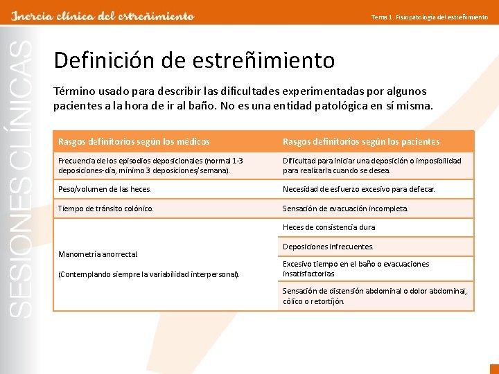 Tema 1. Fisiopatología del estreñimiento Definición de estreñimiento Término usado para describir las dificultades