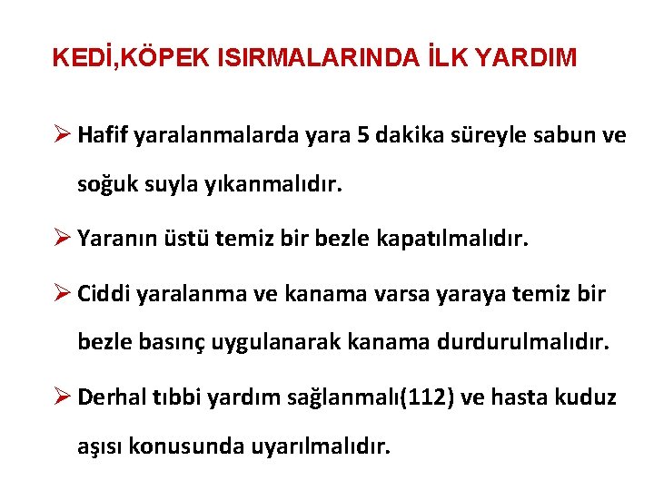 KEDİ, KÖPEK ISIRMALARINDA İLK YARDIM Ø Hafif yaralanmalarda yara 5 dakika süreyle sabun ve