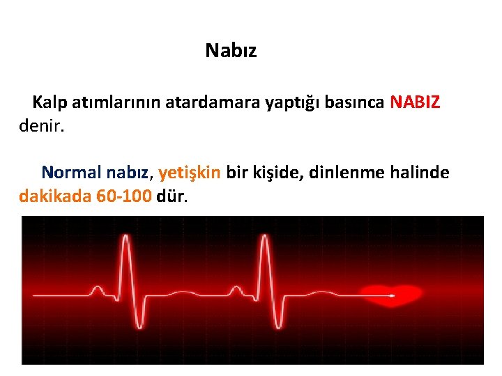 Nabız Kalp atımlarının atardamara yaptığı basınca NABIZ denir. Normal nabız, yetişkin bir kişide, dinlenme