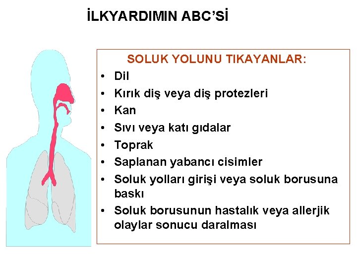 İLKYARDIMIN ABC’Sİ • • SOLUK YOLUNU TIKAYANLAR: Dil Kırık diş veya diş protezleri Kan