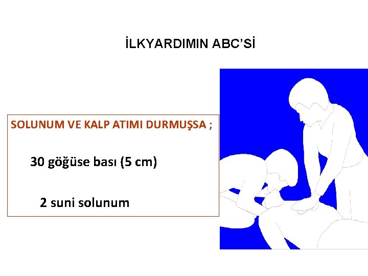 İLKYARDIMIN ABC’Sİ SOLUNUM VE KALP ATIMI DURMUŞSA ; 30 göğüse bası (5 cm) 2