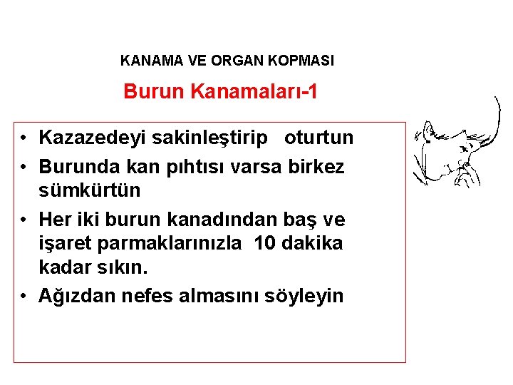 KANAMA VE ORGAN KOPMASI Burun Kanamaları-1 • Kazazedeyi sakinleştirip oturtun • Burunda kan pıhtısı