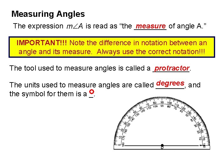 Measuring Angles The expression is read as “the ____ measure of angle A. ”
