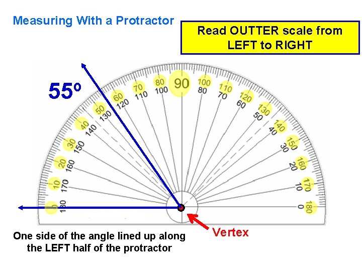 Measuring With a Protractor Read OUTTER scale from LEFT to RIGHT 55º One side