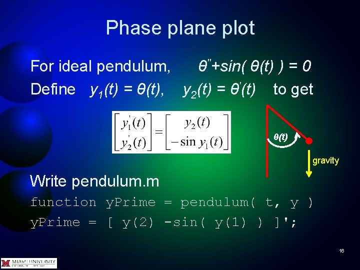 Phase plane plot For ideal pendulum, θ''+sin( θ(t) ) = 0 Define y 1(t)