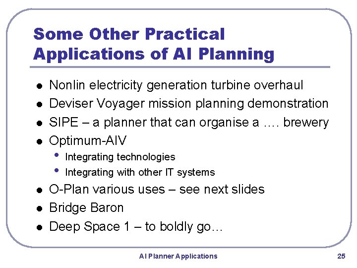 Some Other Practical Applications of AI Planning l l l l Nonlin electricity generation Some Other Practical Applications of AI Planning l l l l Nonlin electricity generation